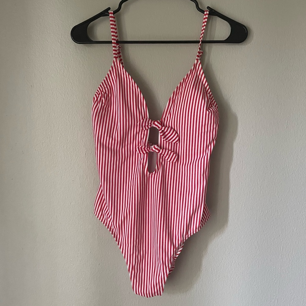 Red & White Striped One Piece Swimsuit